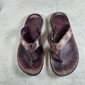 Chaco Womens Leather Flower Embroidered Flip Flop Sandals Shoes Size 9 Boho